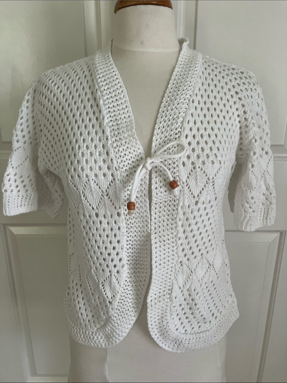 Pulse White Open-Knit Tie-Front Cardigan with Wooden Beads